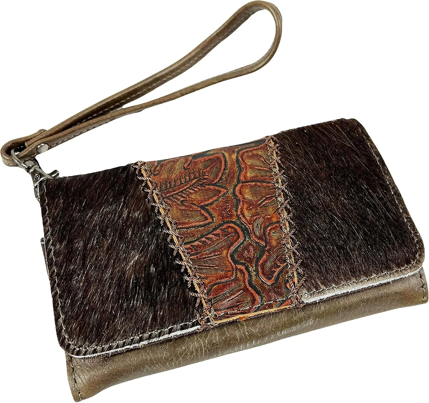Urbalabs Cowhair Genuine Leather Women Western Wallets Clutch Bag Leather Fringe Purse Cell Phone Holder Pouch Tooled Wallet For Women Cowgirl Small Clutch Hand Stitched (Dark Brown Tooled)