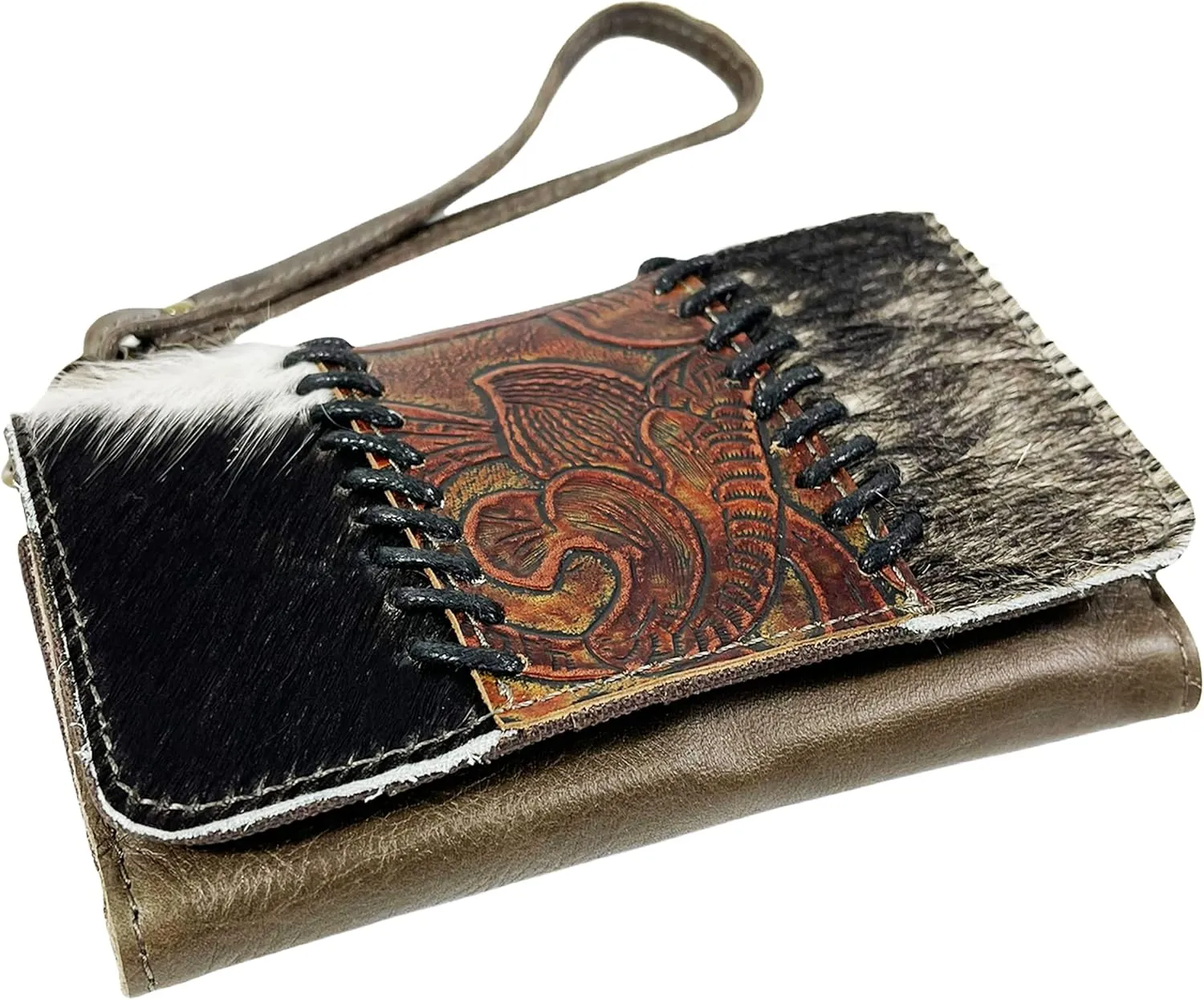 Urbalabs Cowhair Genuine Leather Women Western Wallets Clutch Bag Leather Fringe Purse Cell Phone Holder Pouch Tooled Wallet For Women Cowgirl Small Clutch Hand Stitched (Grey Tooled)