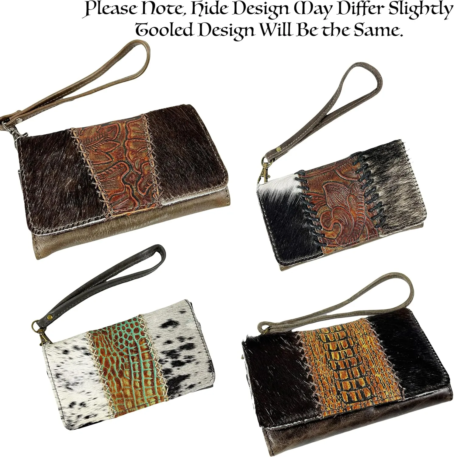 Urbalabs Cowhair Genuine Leather Women Western Wallets Clutch Bag Leather Fringe Purse Cell Phone Holder Pouch Tooled Wallet For Women Cowgirl Small Clutch Hand Stitched (Grey Tooled)