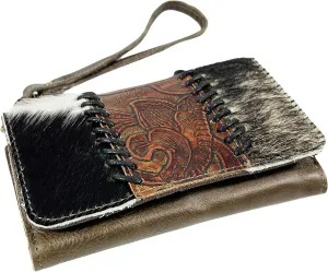 Urbalabs Cowhair Genuine Leather Women Western Wallets Clutch Bag Leather Fringe Purse Cell Phone Holder Pouch Tooled Wallet For Women Cowgirl Small Clutch Hand Stitched (Grey Tooled)