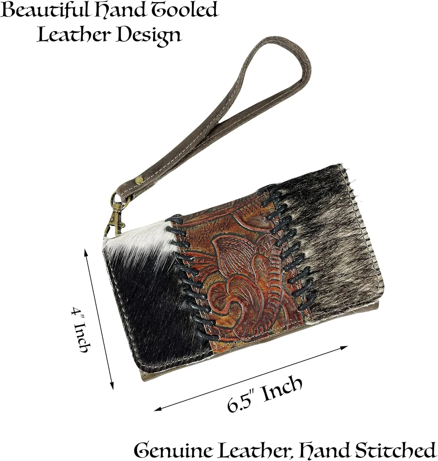 Urbalabs Cowhair Genuine Leather Women Western Wallets Clutch Bag Leather Fringe Purse Cell Phone Holder Pouch Tooled Wallet For Women Cowgirl Small Clutch Hand Stitched (Grey Tooled)