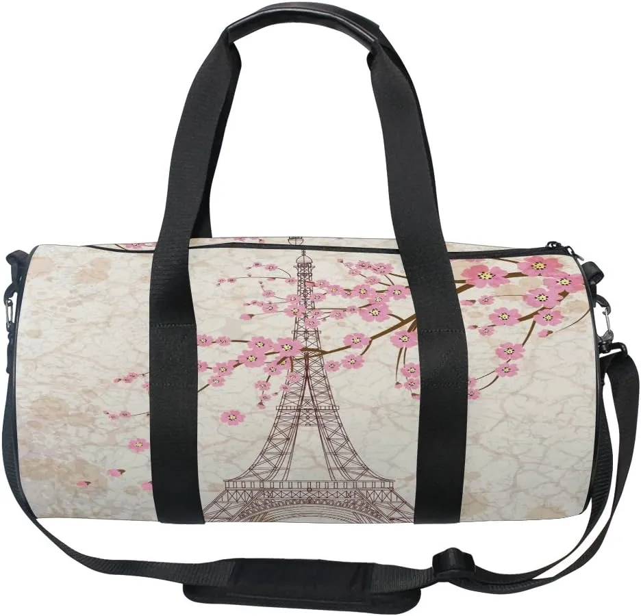 Use4 Cherry Blossom Paris Eiffel Tower Travel Duffel Bag Sport Gym Luggage Bag for Men Women