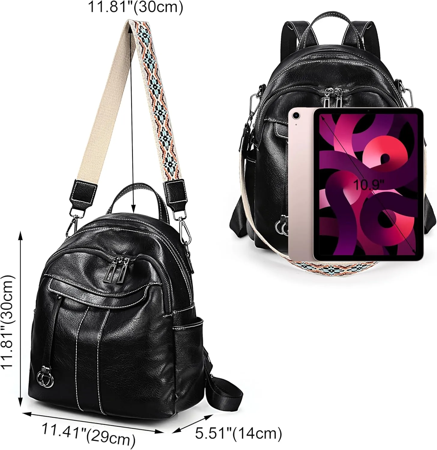 UTO Small Backpack for Women Fashion Bags Handbag Convertible Shoulder Bag Purse with Decorative Circle Accessory Black