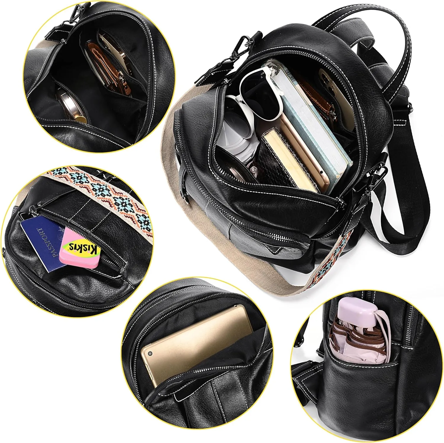 UTO Small Backpack for Women Fashion Bags Handbag Convertible Shoulder Bag Purse with Decorative Circle Accessory Black