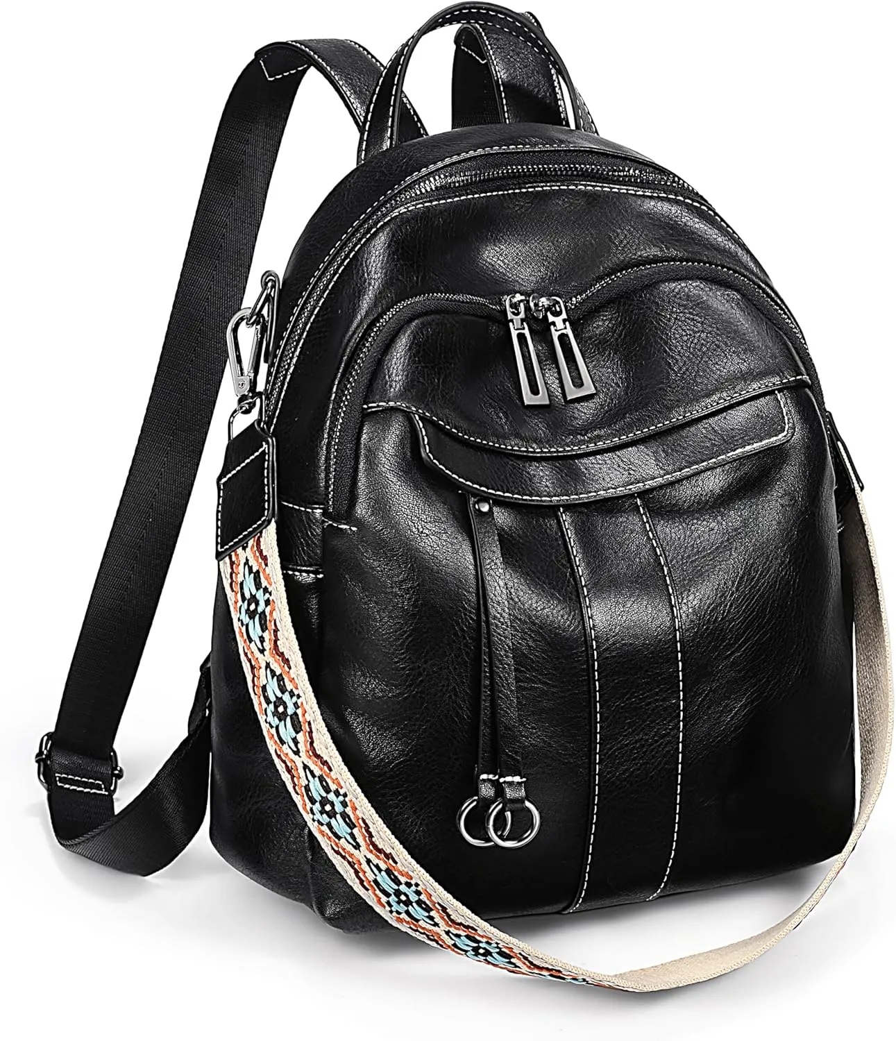 UTO Small Backpack for Women Fashion Bags Handbag Convertible Shoulder Bag Purse with Decorative Circle Accessory Black