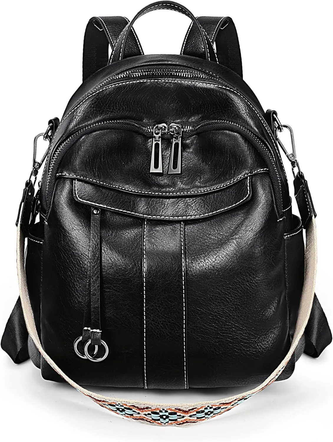 UTO Small Backpack for Women Fashion Bags Handbag Convertible Shoulder Bag Purse with Decorative Circle Accessory Black