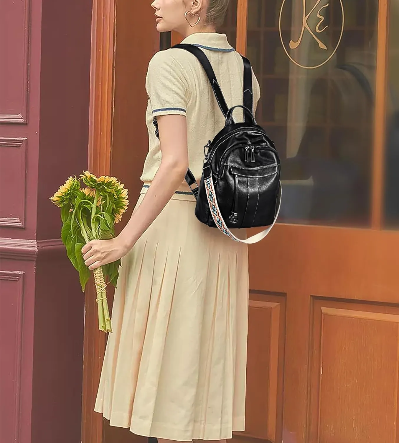 UTO Small Backpack for Women Fashion Bags Handbag Convertible Shoulder Bag Purse with Decorative Circle Accessory Black