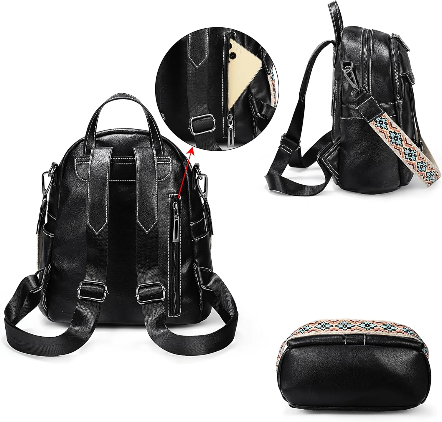 UTO Small Backpack for Women Fashion Bags Handbag Convertible Shoulder Bag Purse with Decorative Circle Accessory Black