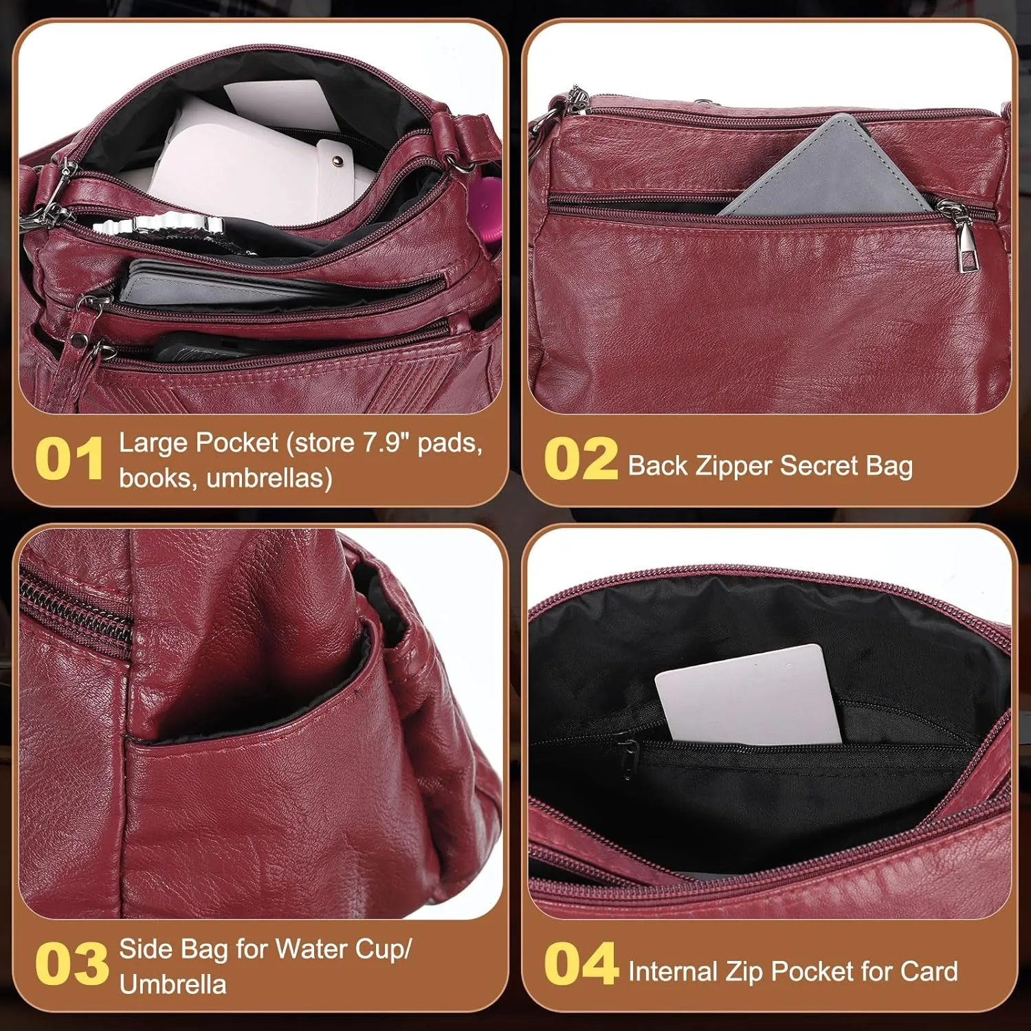 uxcell Crossbody Bag for Women, PU Leather Multi Pocket with Adjustable Straps Women's Shoulder Sling Handbags Soft Purse