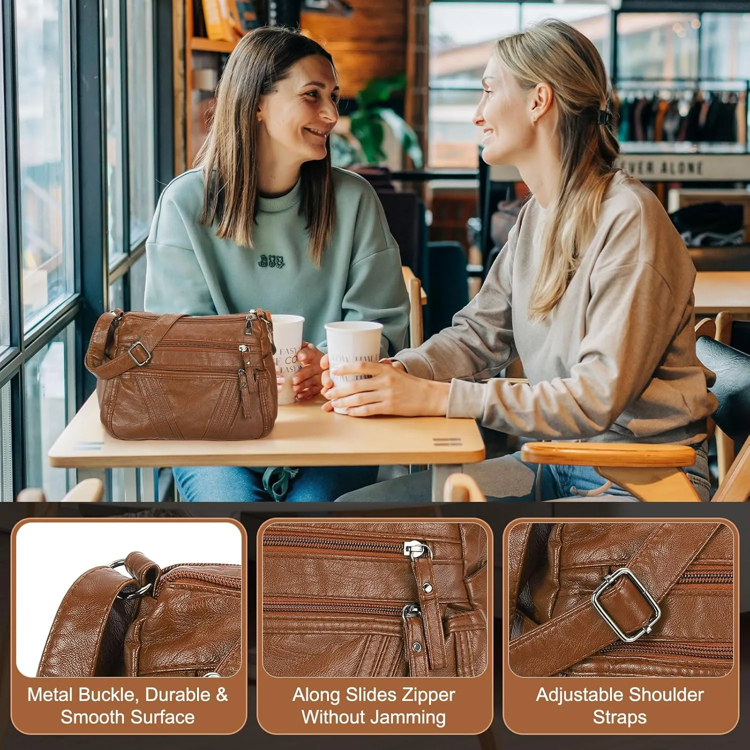 uxcell Crossbody Bag for Women, PU Leather Multi Pocket with Adjustable Straps Women's Shoulder Sling Handbags Soft Purse