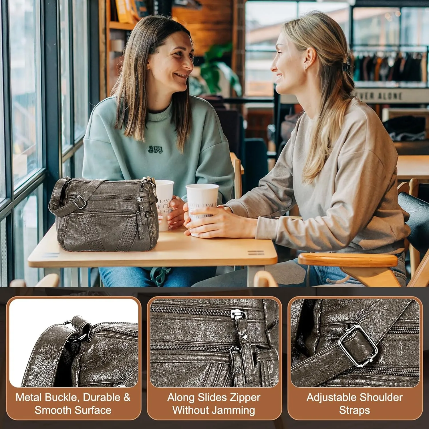 uxcell Crossbody Bag for Women, PU Leather Multi Pocket with Adjustable Straps Women's Shoulder Sling Handbags Soft Purse