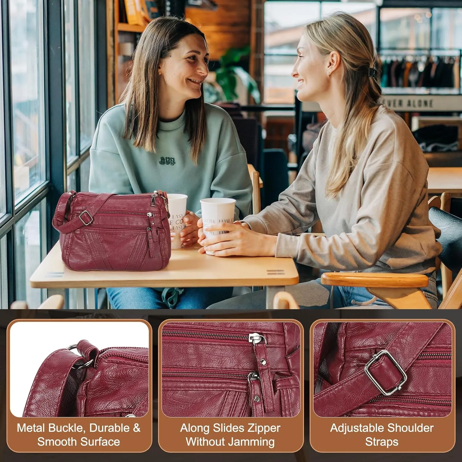 uxcell Crossbody Bag for Women, PU Leather Multi Pocket with Adjustable Straps Women's Shoulder Sling Handbags Soft Purse