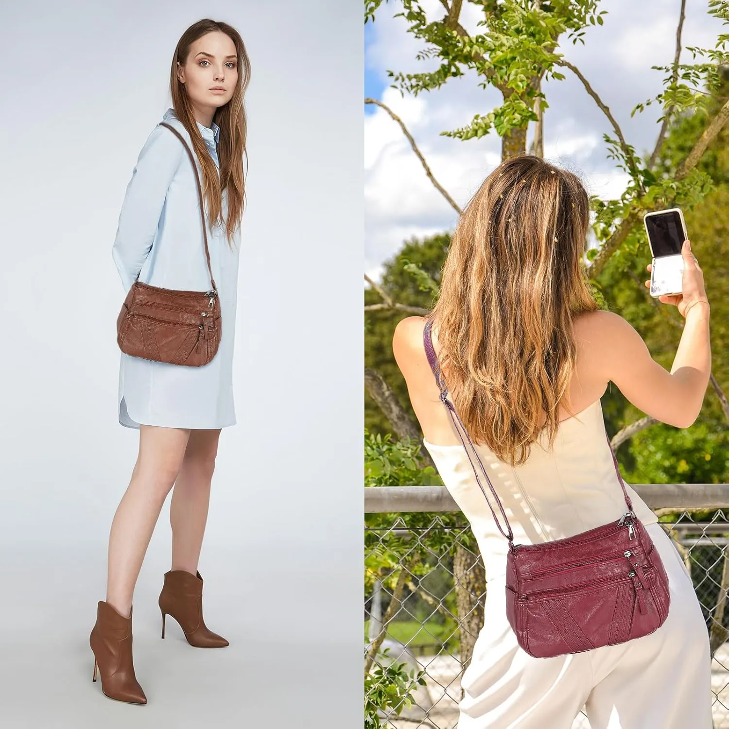 uxcell Crossbody Bag for Women, PU Leather Multi Pocket with Adjustable Straps Women's Shoulder Sling Handbags Soft Purse