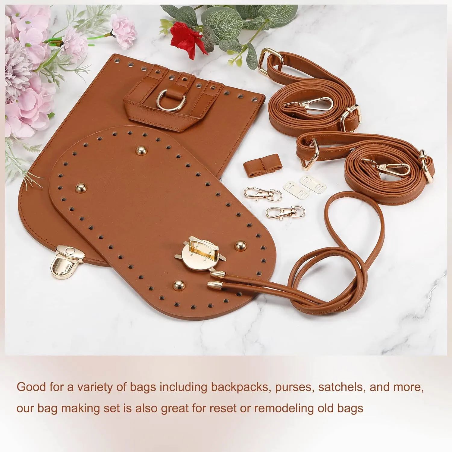 uxcell Leather Purse Making Kit, 5Pcs DIY PU Leather Bag Backpack Making Set Bag Bottom, Shoulder Strap, Flap Cover,Drawstring for Purse DIY Making - Brown
