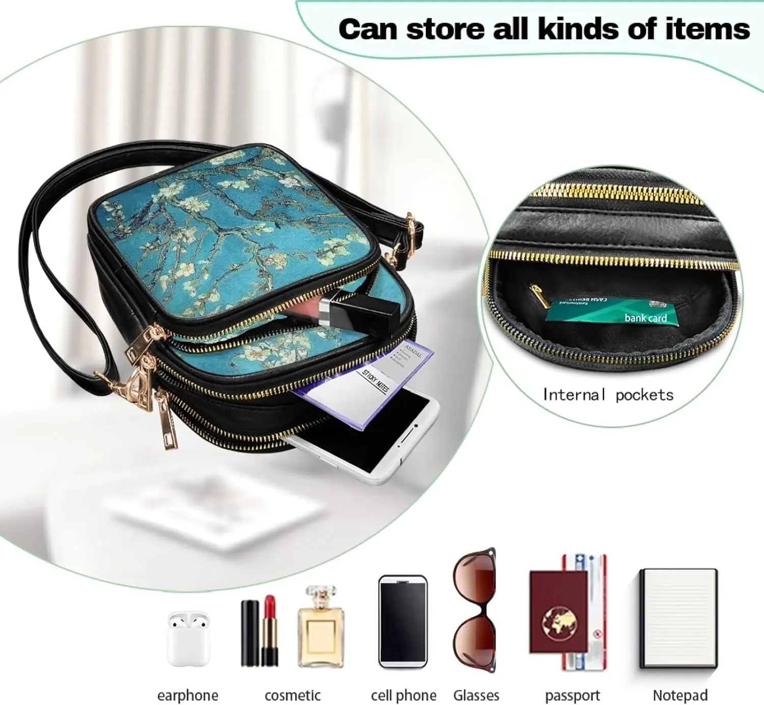 Van Gogh Art Cell Phone Purse Crossbody Bags for Women, Monet Artwork PU Leather Cellphone Bag Small Travel Purses