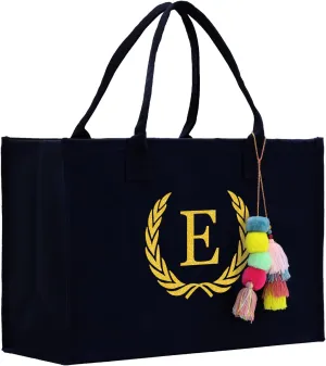 VANESSA ROSELLA Premium Quality Personalized Gift Monogram Initial 100% Cotton Chic Tote Bag for Women - Black