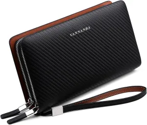 VANNANBA Mens Clutch Leather Clutch Business Large Clutch with Double Zip Handbag Long Wallet (Black)