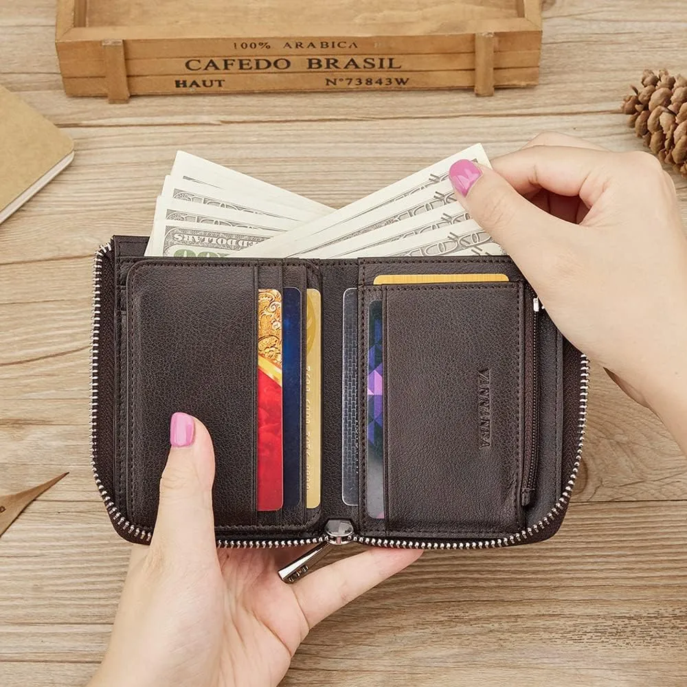VANNANBA Wallets for Men Genuine Leather,Slim Zipper Mens Wallet RFID Blocking with Front Pocket