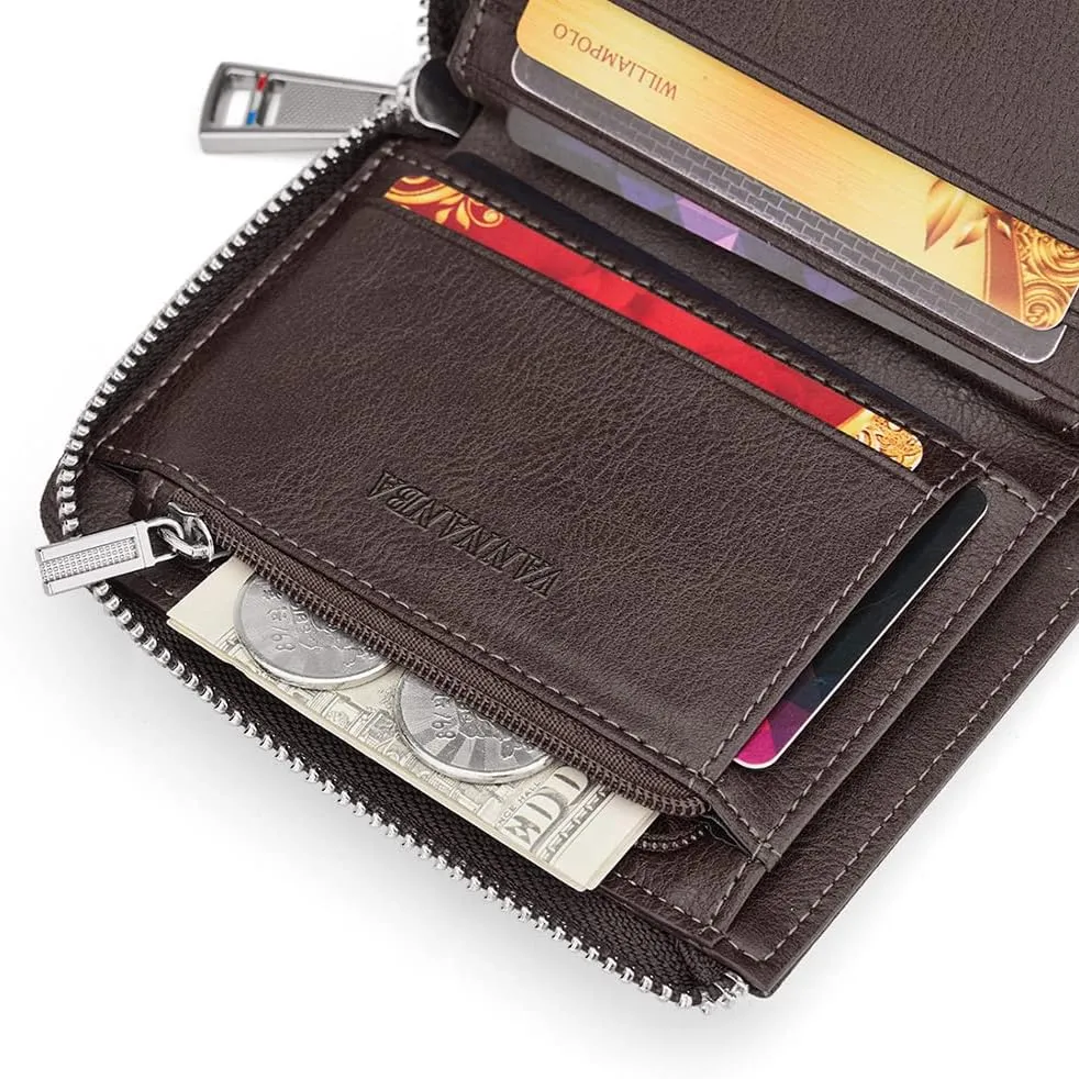 VANNANBA Wallets for Men Genuine Leather,Slim Zipper Mens Wallet RFID Blocking with Front Pocket