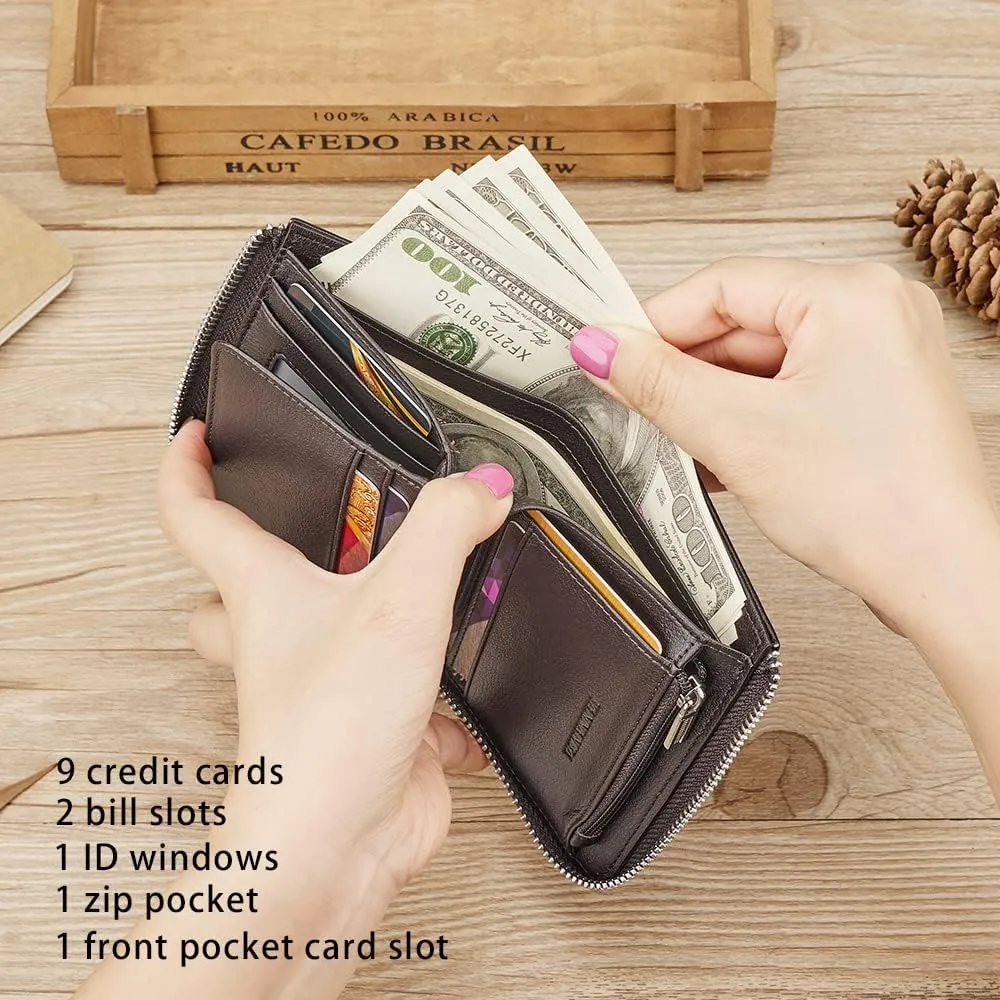 VANNANBA Wallets for Men Genuine Leather,Slim Zipper Mens Wallet RFID Blocking with Front Pocket