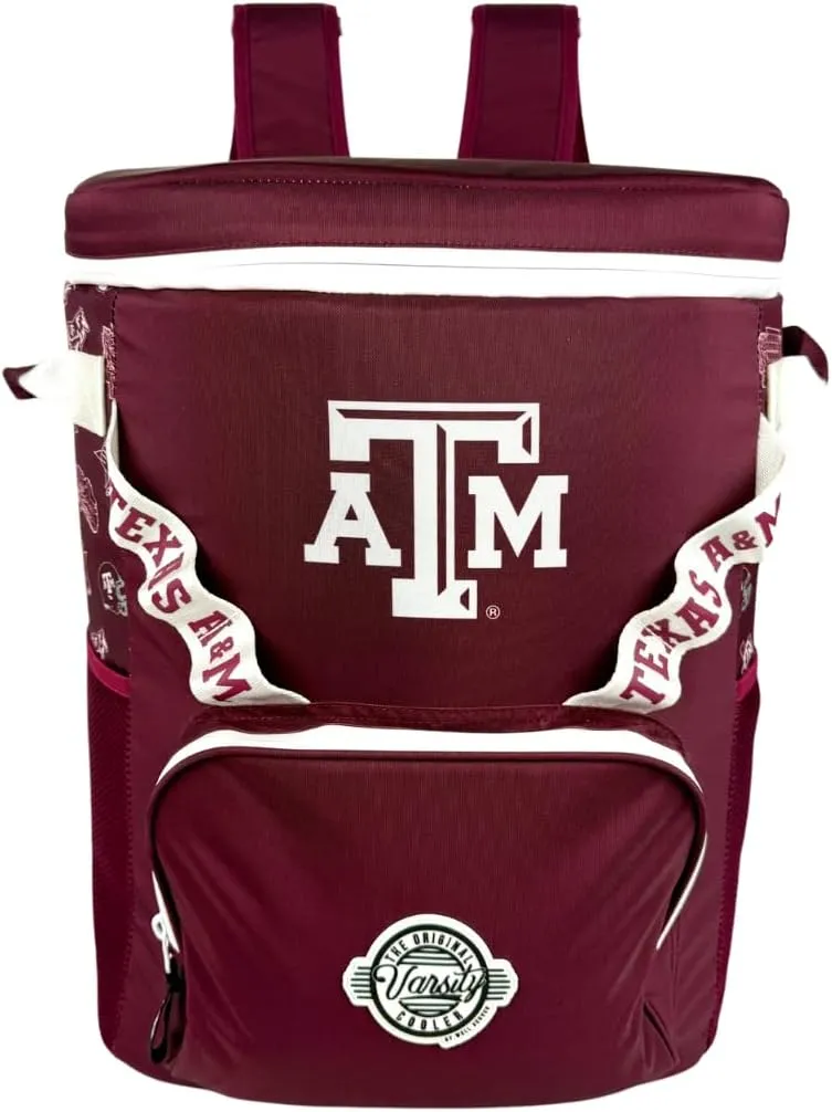 Varsity Cooler University of Texas. A&M Travel Duffle & Backpack–48 Can Leakproof Insulated Tote Cooler, Waterproof Nylon Bag for Outing, Gym, Work & Travel – Adjustable Straps, Durable Zipper Closure