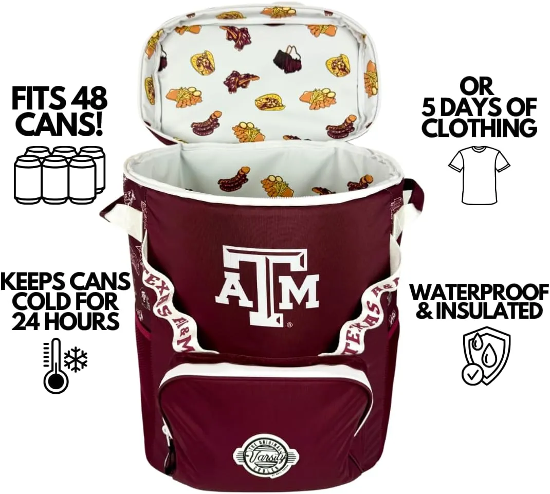 Varsity Cooler University of Texas. A&M Travel Duffle & Backpack–48 Can Leakproof Insulated Tote Cooler, Waterproof Nylon Bag for Outing, Gym, Work & Travel – Adjustable Straps, Durable Zipper Closure