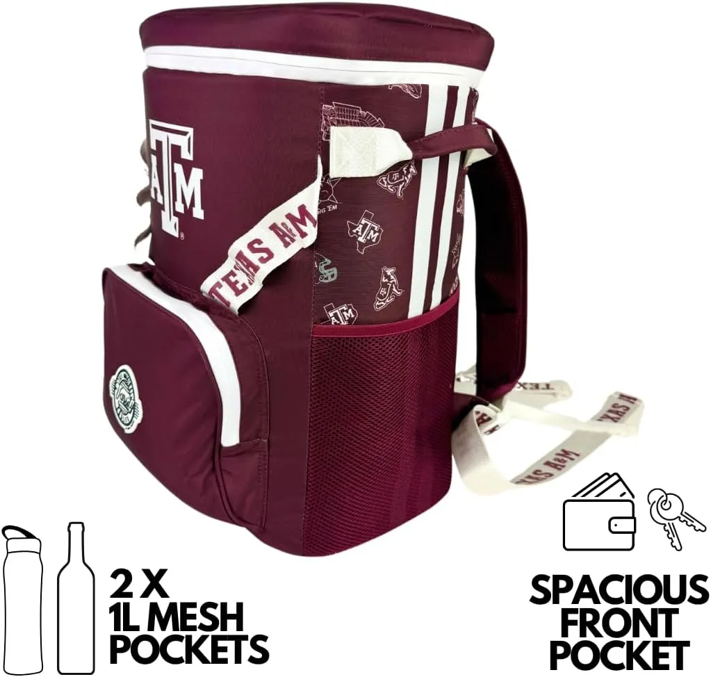 Varsity Cooler University of Texas. A&M Travel Duffle & Backpack–48 Can Leakproof Insulated Tote Cooler, Waterproof Nylon Bag for Outing, Gym, Work & Travel – Adjustable Straps, Durable Zipper Closure