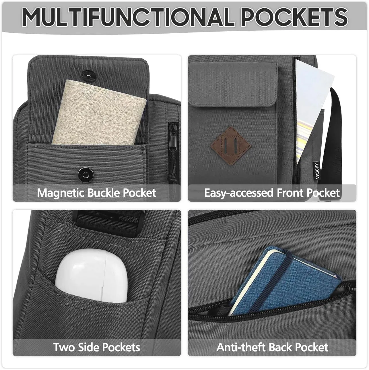 VASCHY Small Messenger Bag, Lightweight Casual Crossbody Sling Shoulder Side Bag for Men Women for Work/Travel/Daily