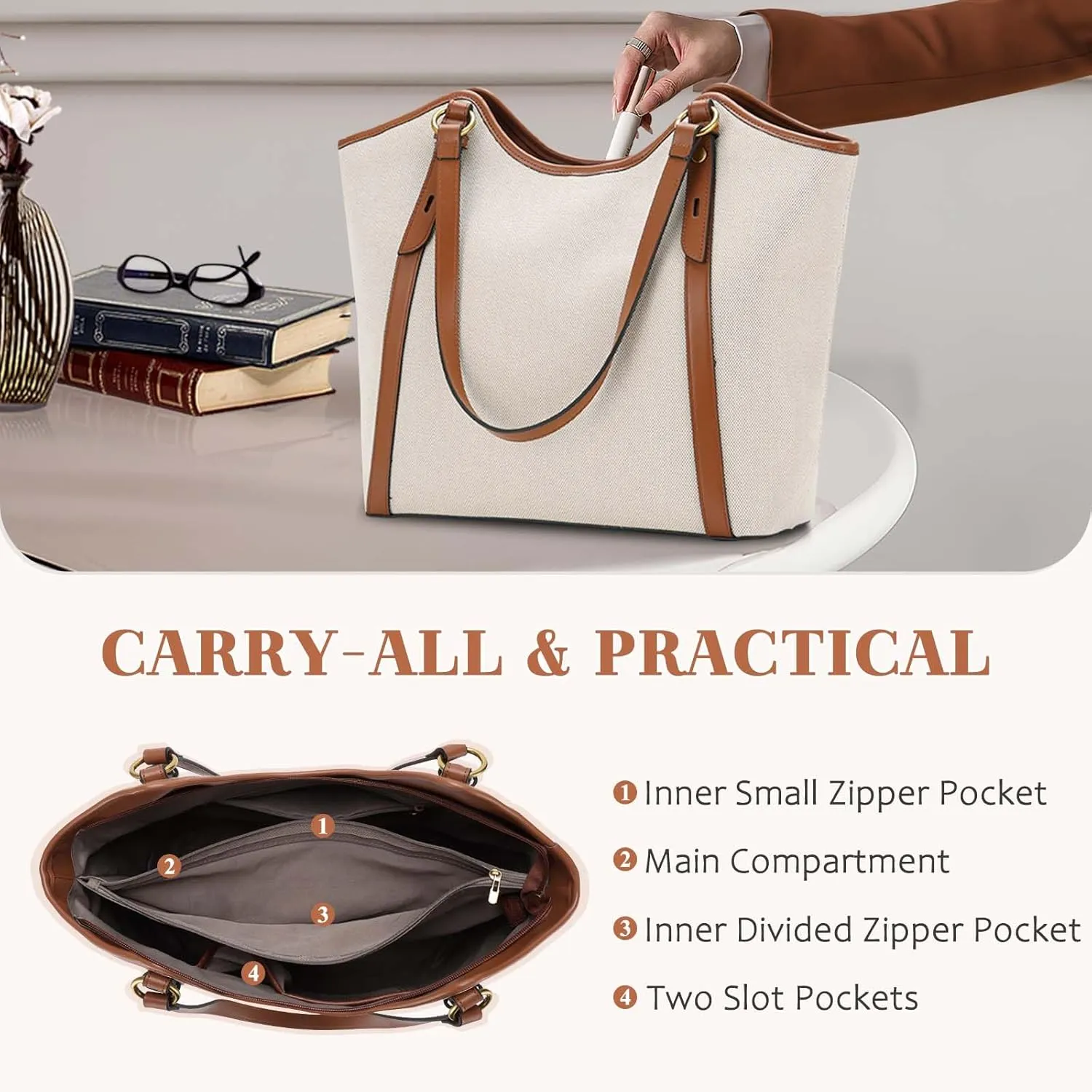 VASCHY Tote Bag Purse for Women, Fashion Large Vegan Leather Top Handle Satchel Shoulder Bag Handbag with Zipper for Work