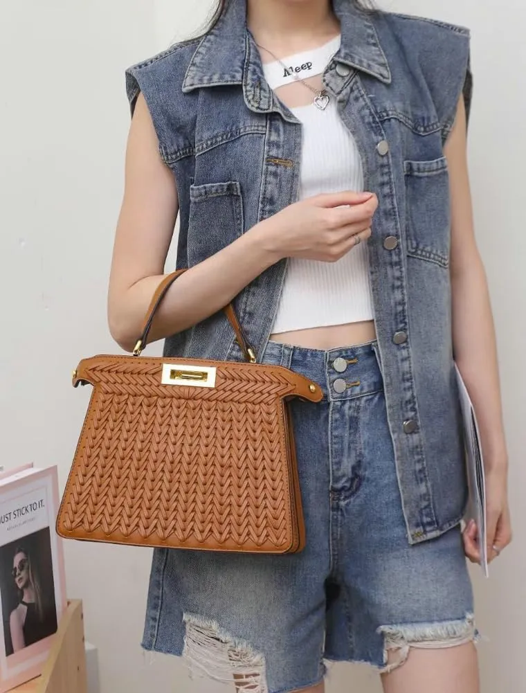 Vegan Leather Tote Bags for Women Woven Small Crossbody Shoulder Purse Trendy Top Handle Handbags Buckle Satchels