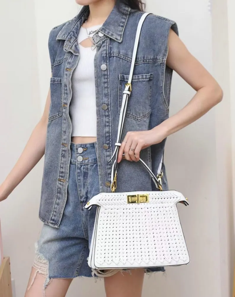 Vegan Leather Tote Bags for Women Woven Small Crossbody Shoulder Purse Trendy Top Handle Handbags Buckle Satchels