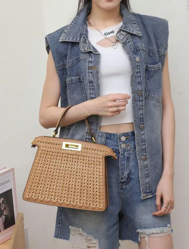 Vegan Leather Tote Bags for Women Woven Small Crossbody Shoulder Purse Trendy Top Handle Handbags Buckle Satchels