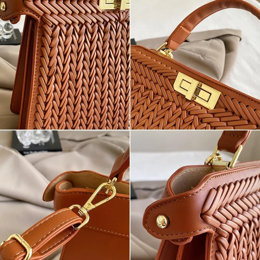 Vegan Leather Tote Bags for Women Woven Small Crossbody Shoulder Purse Trendy Top Handle Handbags Buckle Satchels