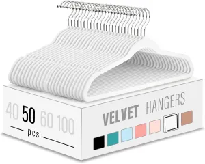 Velvet Clothes Hangers 50 Pack,Non-Slip Slim White Suit Hanger Space Saving Luxury Velvet Hangers for Wardrobe, Student Dorms, Home Organization