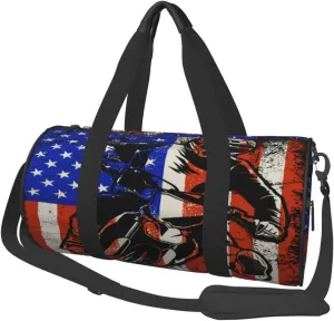 Vintage American Motorcycle Flag Dirt Bike Rider Motocross Round Travel Duffel Bag Large Capacity Gym Sports Bags for Hiking Vacation Trips