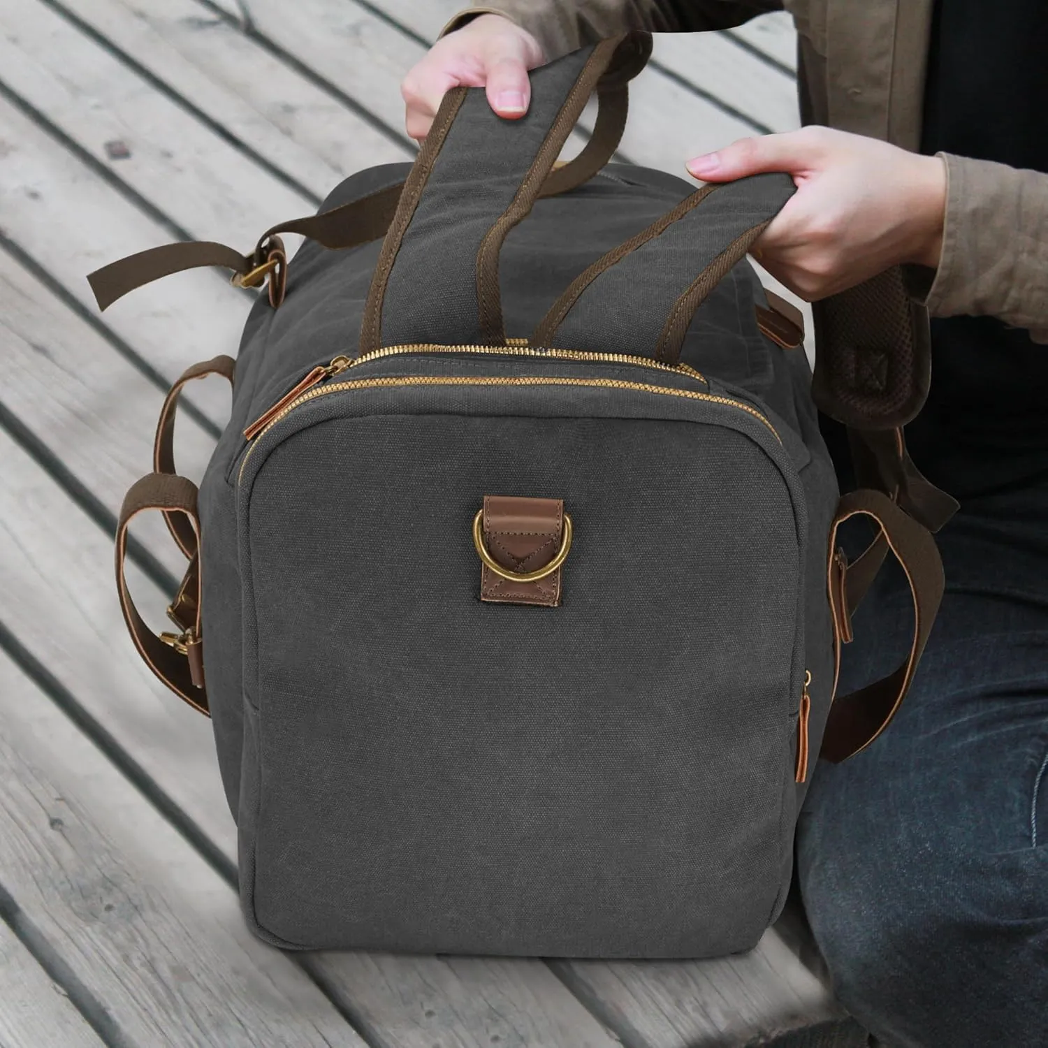 Vintage Canvas Duffle Bag, 50L Genuine Leather Travel Duffel Backpack Multifunctional Overnight Weekender Bag with Shoes Compartment Men (Black)