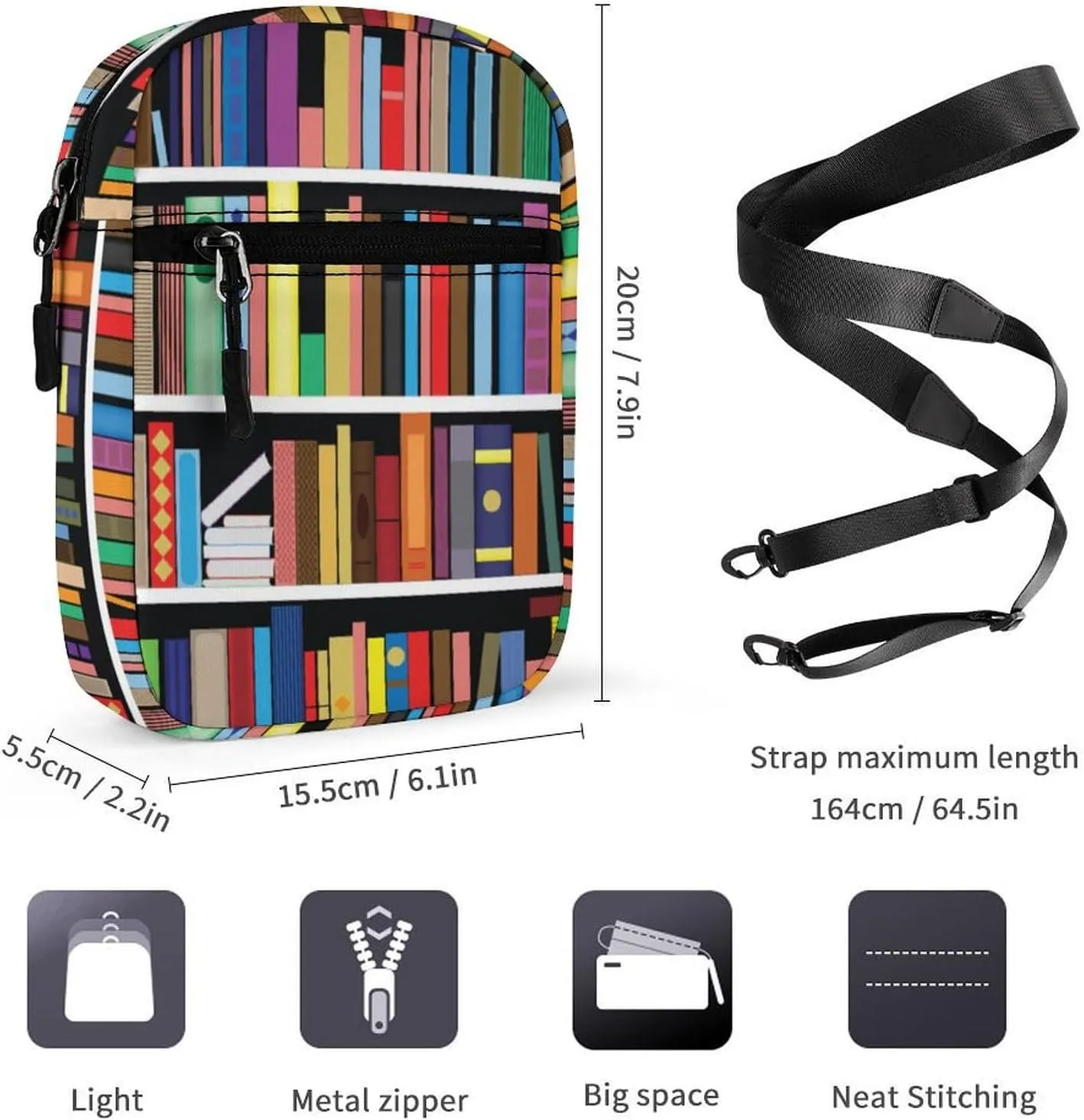 Vintage Library Bookshelf Crossbody Bag Small Shoulder Bag Waterproof, Lightweight And Convenient
