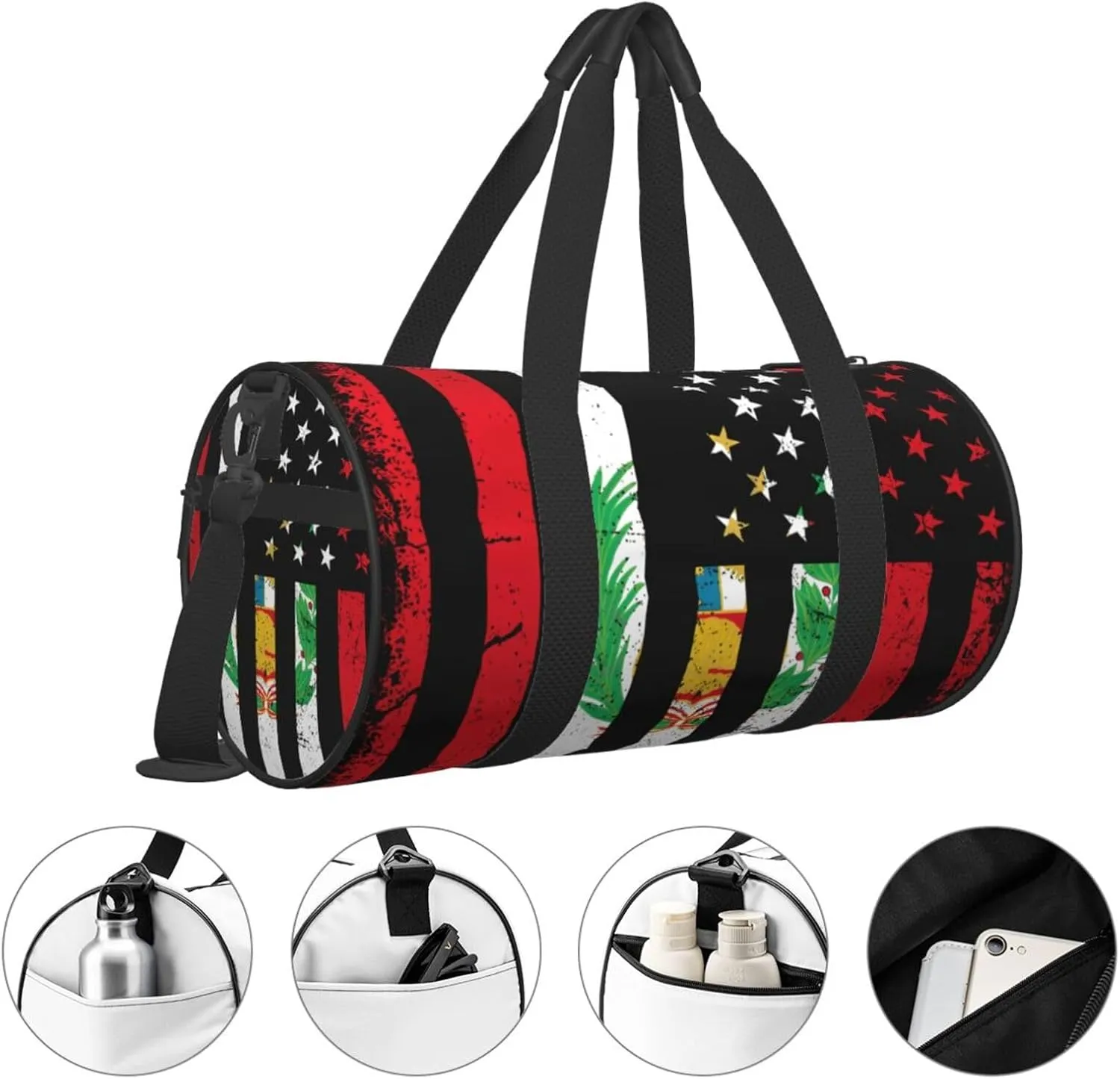 Vintage Peru Peruvian American Flag Round Travel Duffel Bag Large Capacity Gym Sports Bags for Hiking Vacation Trips