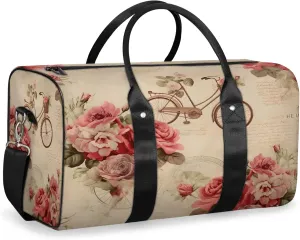 Vintage Rose Bicycle Flower Travel Duffle Bag, Sports Gym Bags for Women Men, Carry On Weekender Overnight Workout Airplane Trips Bag