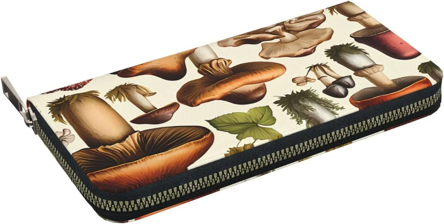 Vintage Wild Mushrooms Wallets PU Leather Wallet For Women Men Zipper Credit Card Purse Long Clutch Purse