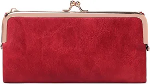 Vintage Women Long Wallets Bifold Ladies Purse Clutch with Kiss Lock and Zip Coin Pocket