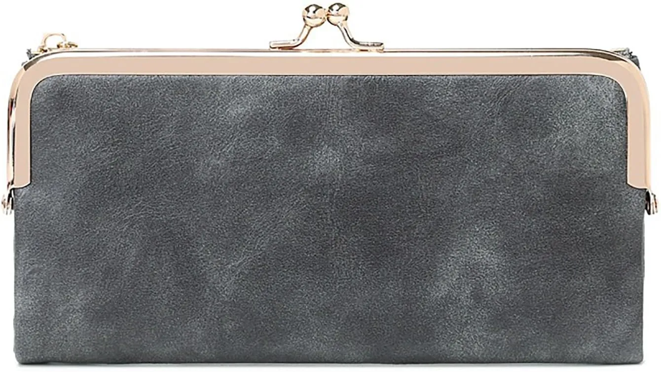Vintage Women Long Wallets Bifold Ladies Purse Clutch with Kiss Lock and Zip Coin Pocket