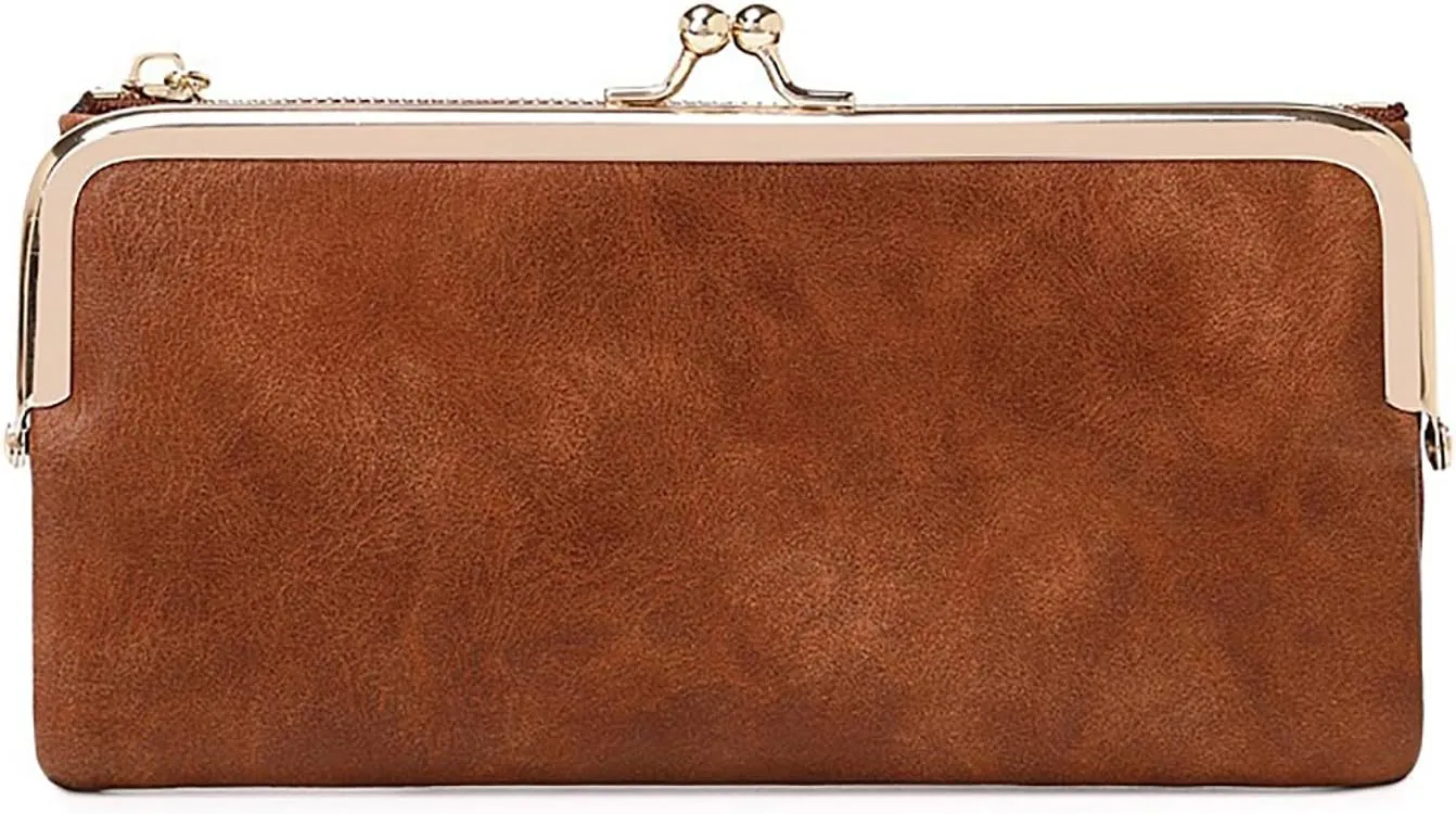 Vintage Women Long Wallets Bifold Ladies Purse Clutch with Kiss Lock and Zip Coin Pocket
