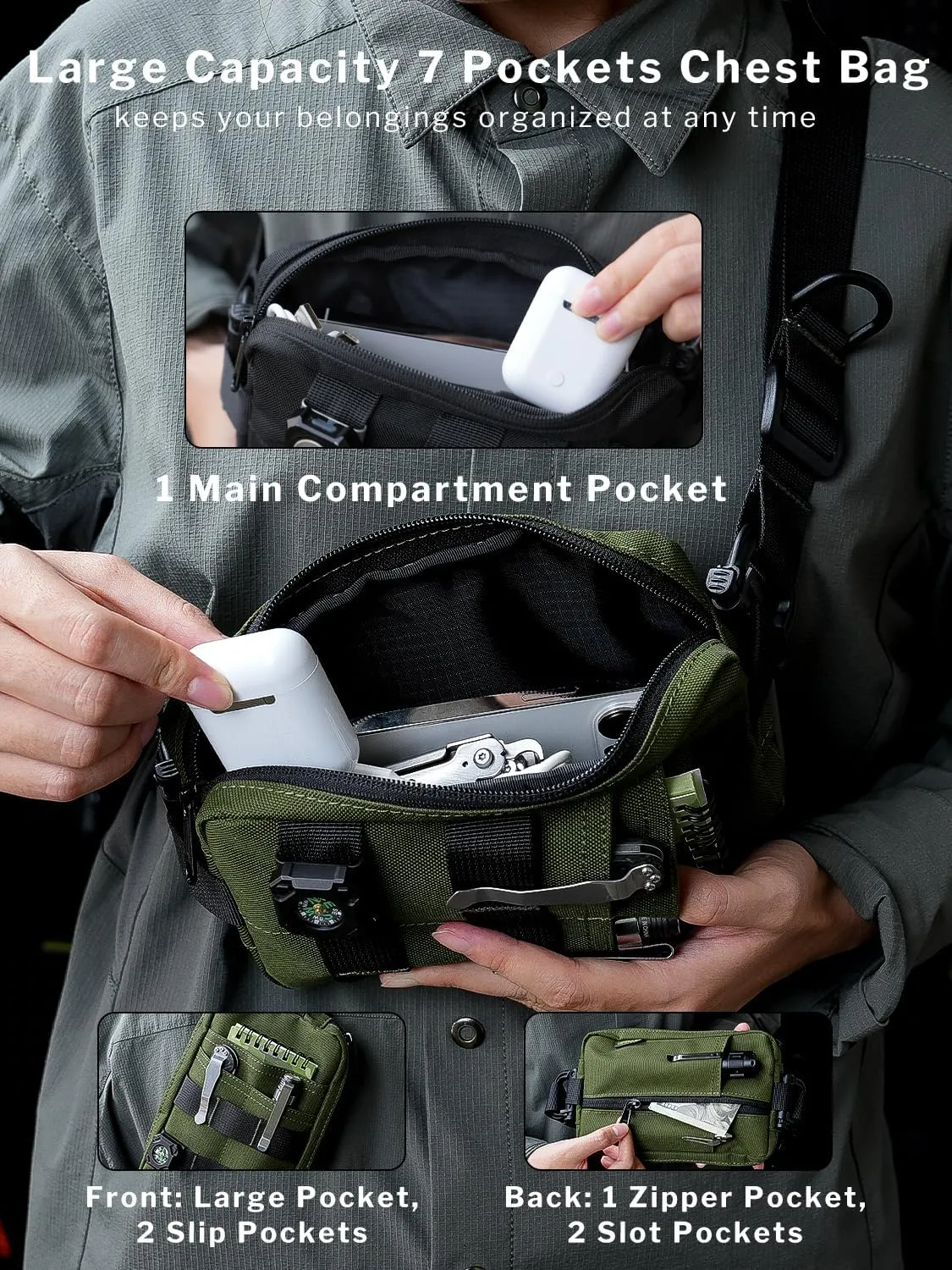VIPERADE CHS2 Small EDC Sling Bag, Tactical Fanny Pack for Men, Molle Pouch Crossbody Backpack with Adjustable Shoulder Strap, Utility Chest Pouch Bag for Hiking/Traveling/Bush-Craft