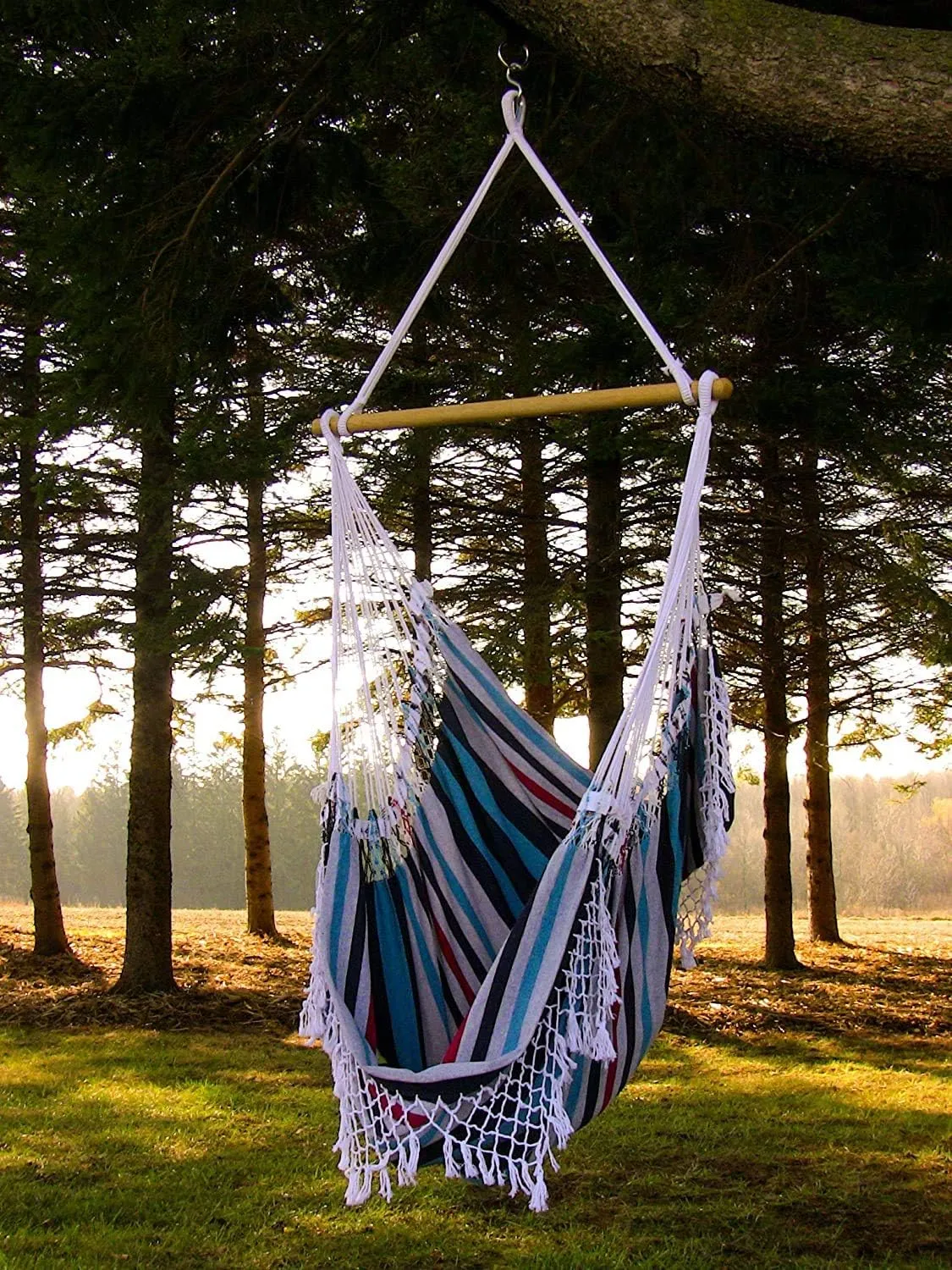 Vivere Cotton Hammock Chair with Hardwood Spreader Bar - 250 lb Capacity (Denim)