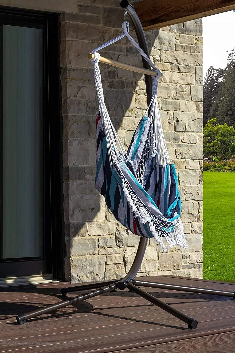 Vivere Cotton Hammock Chair with Hardwood Spreader Bar - 250 lb Capacity (Denim)
