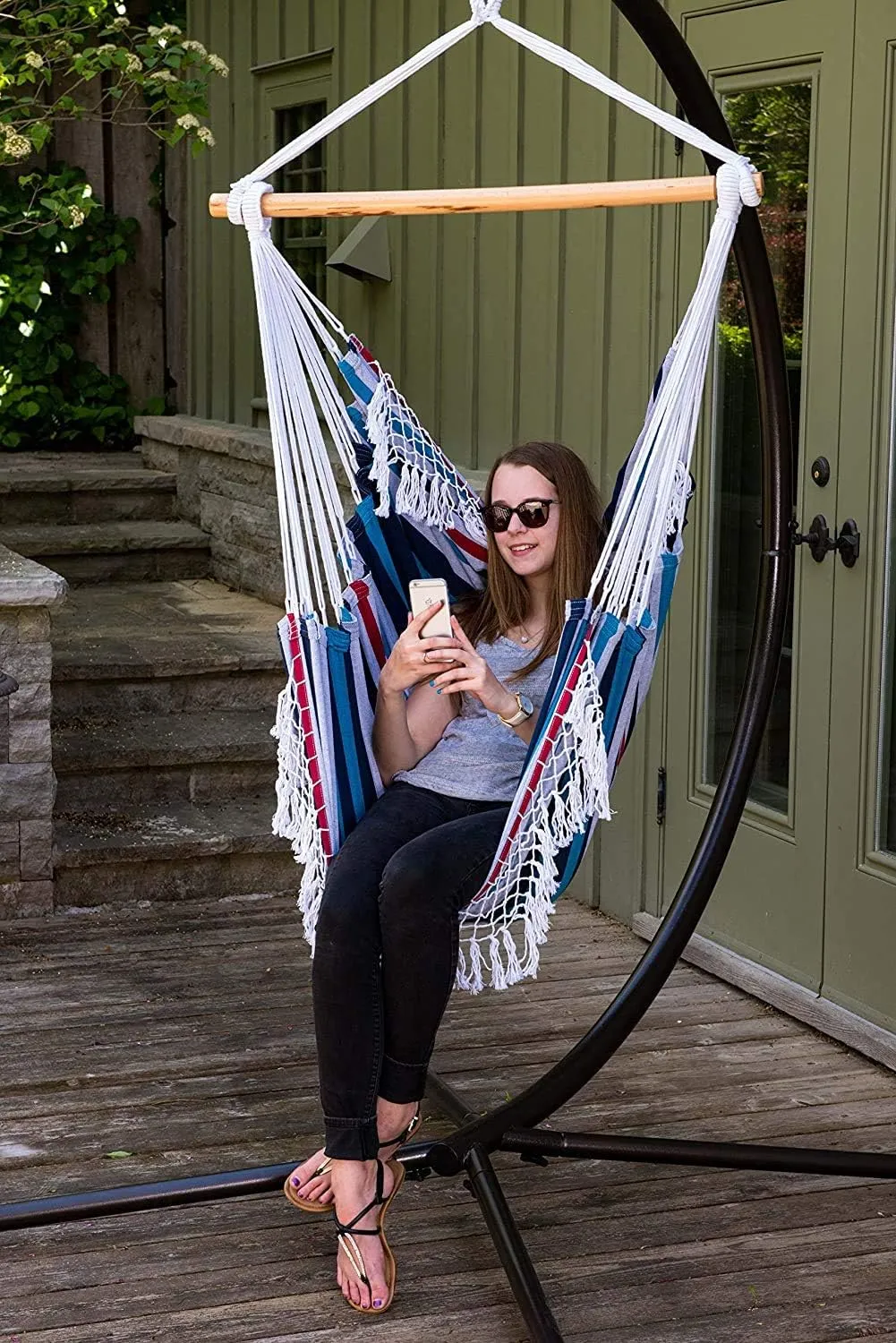 Vivere Cotton Hammock Chair with Hardwood Spreader Bar - 250 lb Capacity (Denim)