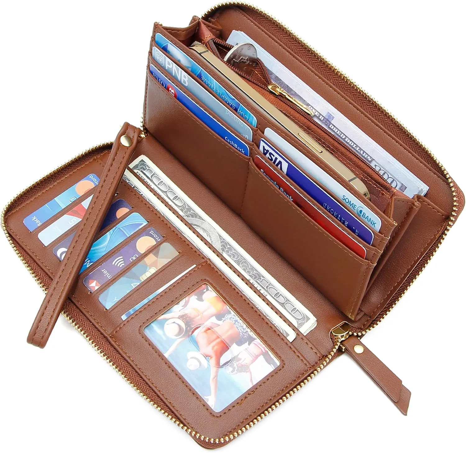 VOCUS Womens Wallet RFID Blocking Zip Around Wallet PU Leather Large Travel Long Purse Credit Card Holder with Wristlet