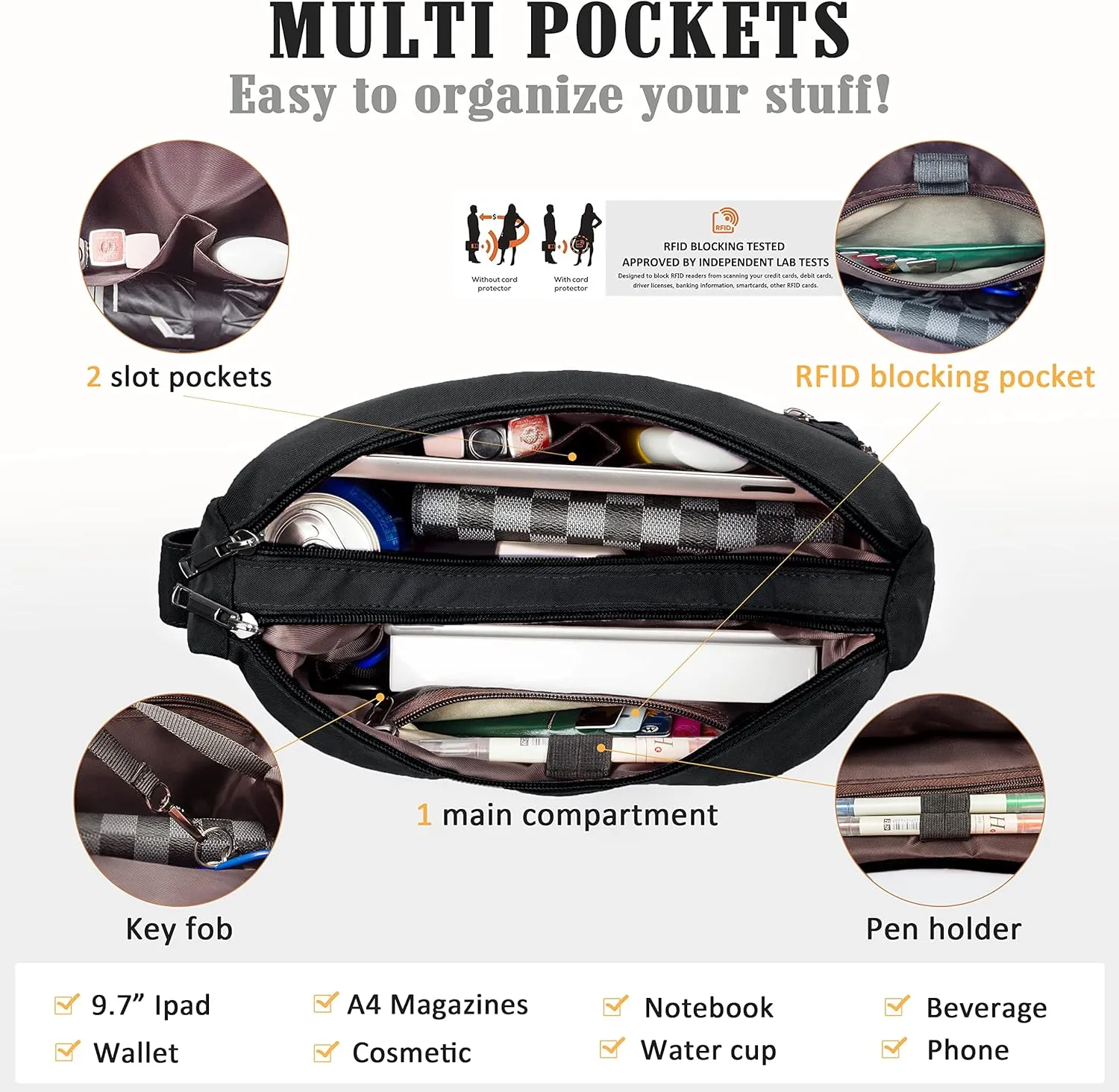 VOLGANIK ROCK RFID Purses for Women Fabric Nylon Multi Pocket Crossbody Bag Ladies Travel Handbag