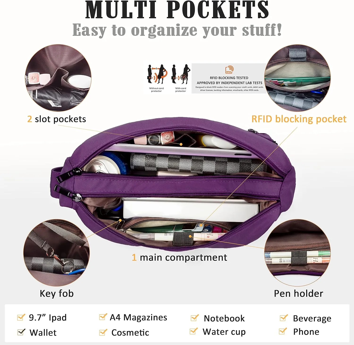 VOLGANIK ROCK RFID Purses for Women Fabric Nylon Multi Pocket Crossbody Bag Ladies Travel Handbag
